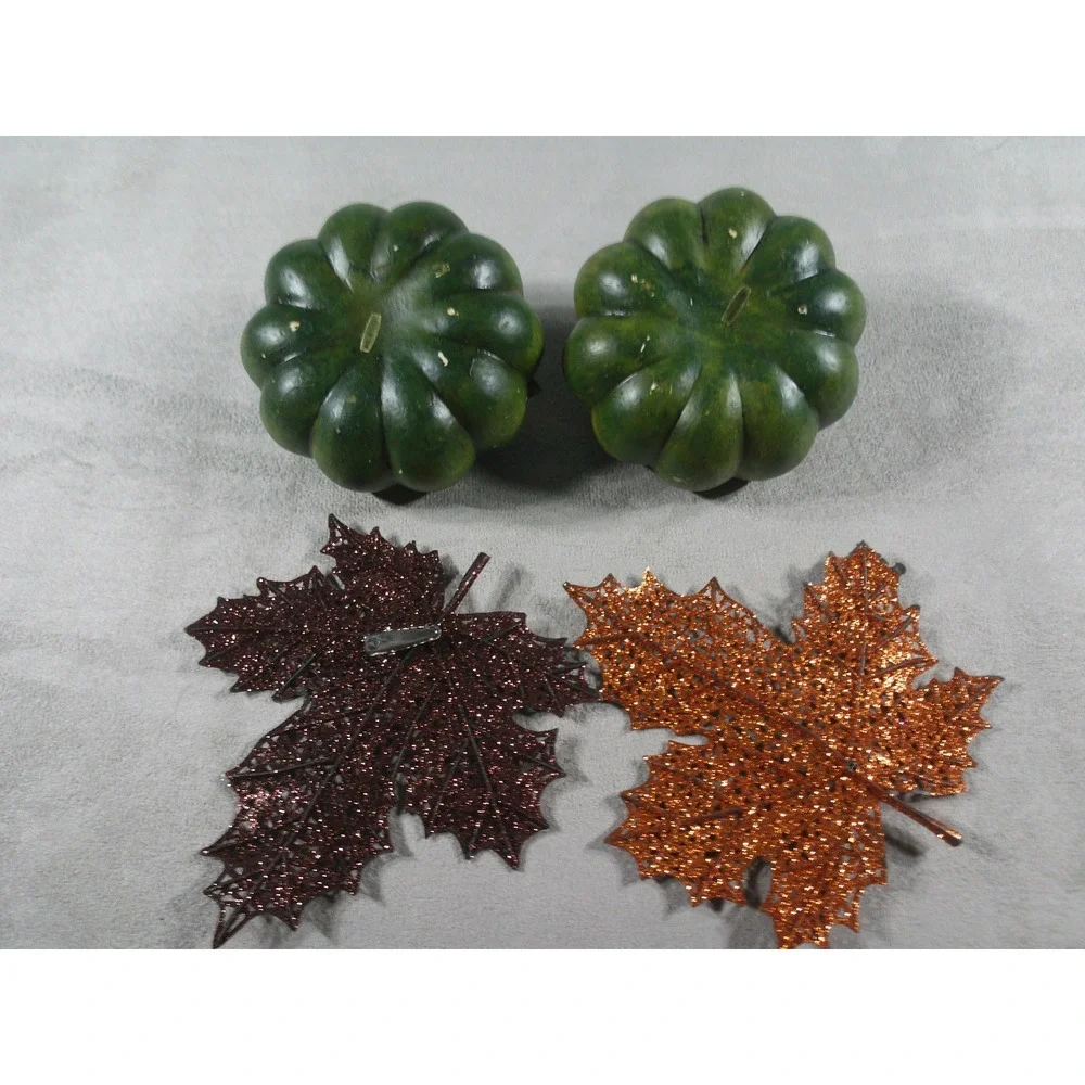 Green Resin Pumpkins and Glitter Mesh Leaf Clips Fall Harvest Decor Set of 4